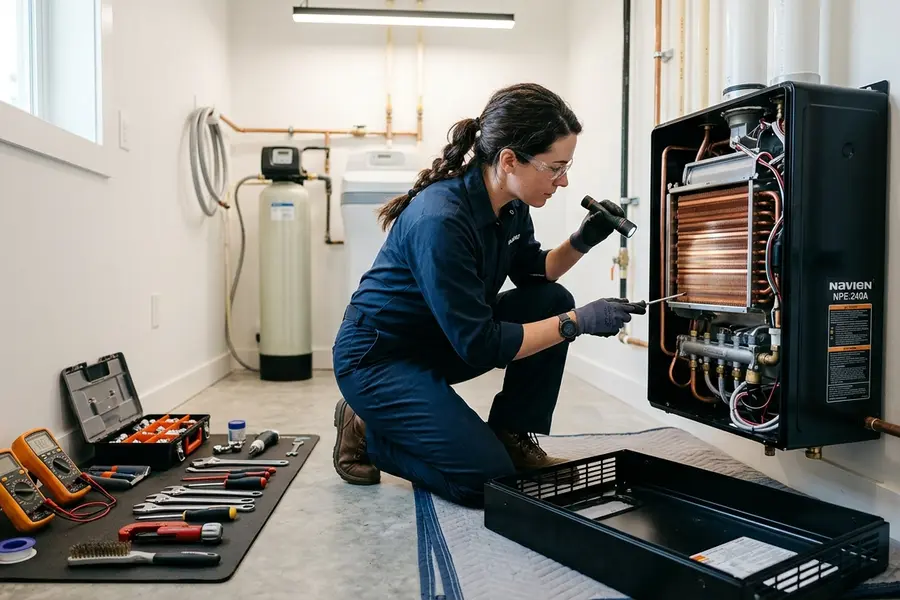 Water Heater Jockey plumber servicing a tankless water heater in Rock City Falls